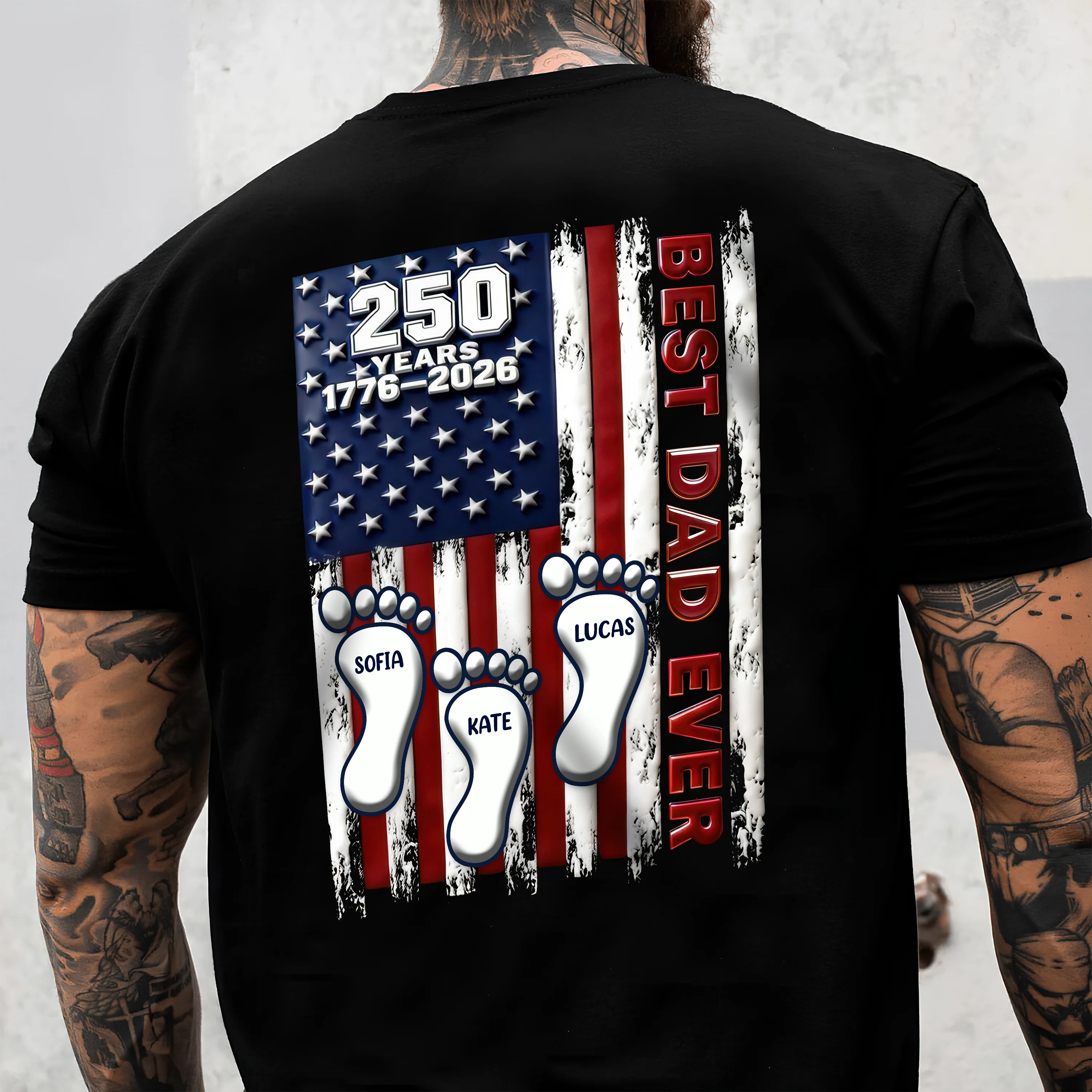 Best Dad Ever USA 250 Years Back Shirt, Custom Footprint Kids Names T-Shirt For Dad CH07 910994 - Image 4