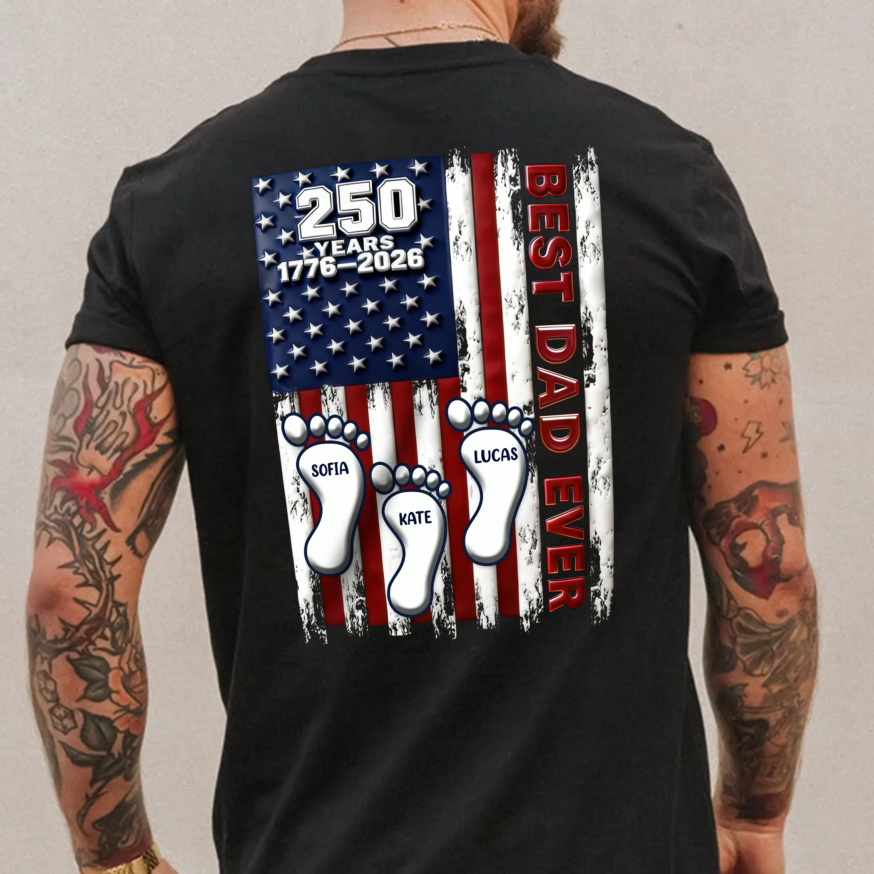 Best Dad Ever USA 250 Years Back Shirt, Custom Footprint Kids Names T-Shirt For Dad CH07 910994 - Image 5