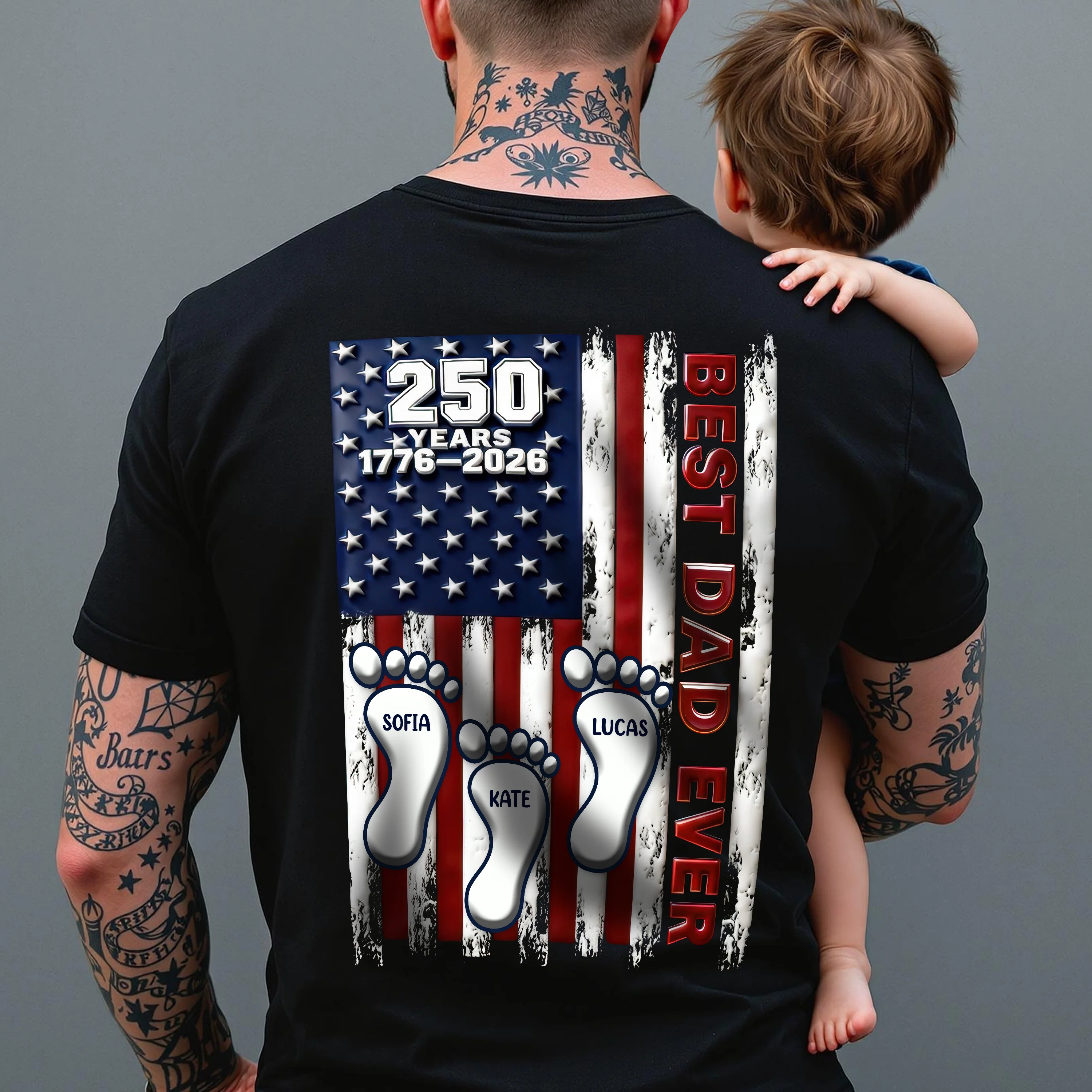 Best Dad Ever USA 250 Years Back Shirt, Custom Footprint Kids Names T-Shirt For Dad CH07 910994 - Image 7