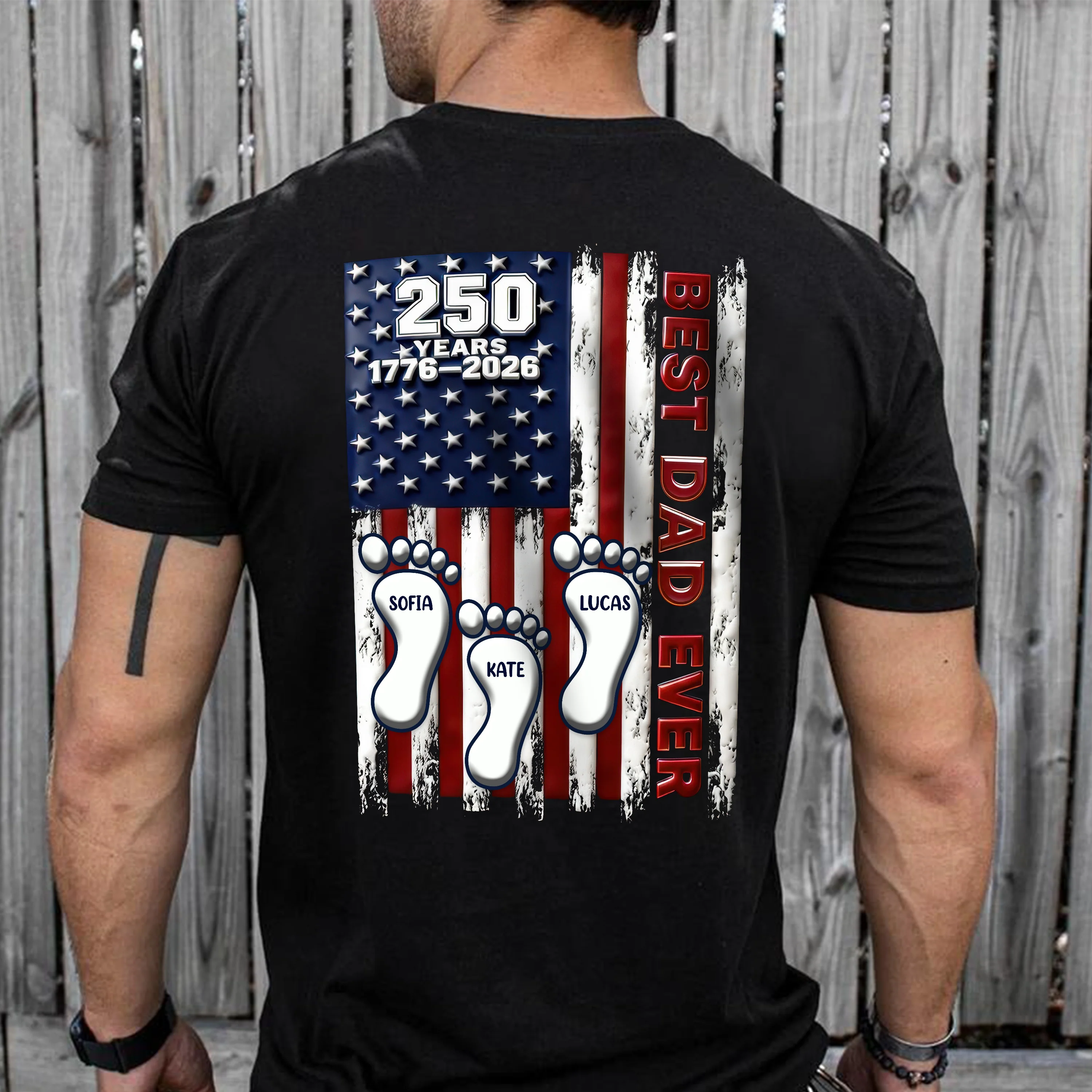 Best Dad Ever USA 250 Years Back Shirt, Custom Footprint Kids Names T-Shirt For Dad CH07 910994 - Image 8