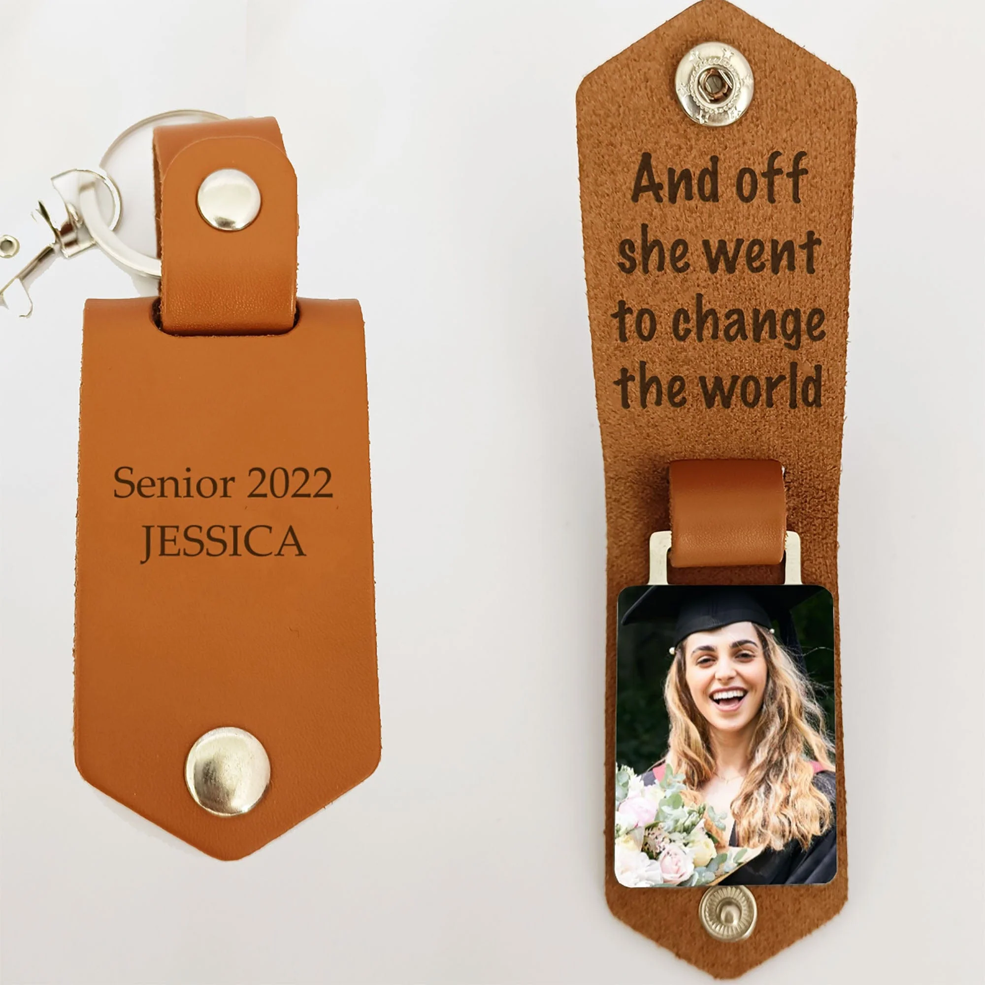 And Off She Went To Change The World Graduation Vintage Leather Photo Keychain C263 - Image 2