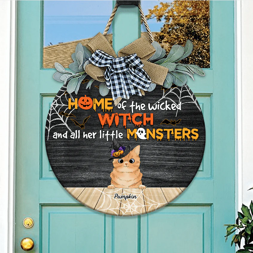 Home Of The Wicked Witch And All Her Little Wooden Door Sign With Wreath, Cat Lover Gift, Cat Door Hanger HN590