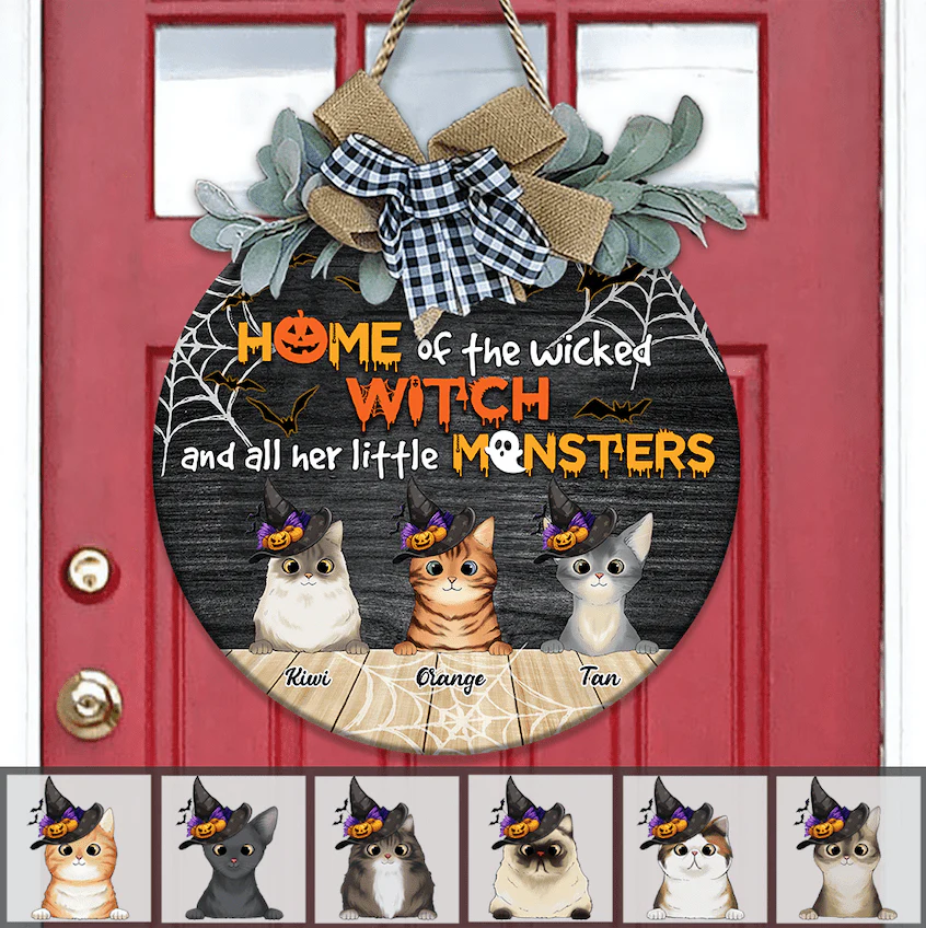 Home Of The Wicked Witch And All Her Little Wooden Door Sign With Wreath, Cat Lover Gift, Cat Door Hanger HN590 - Image 2