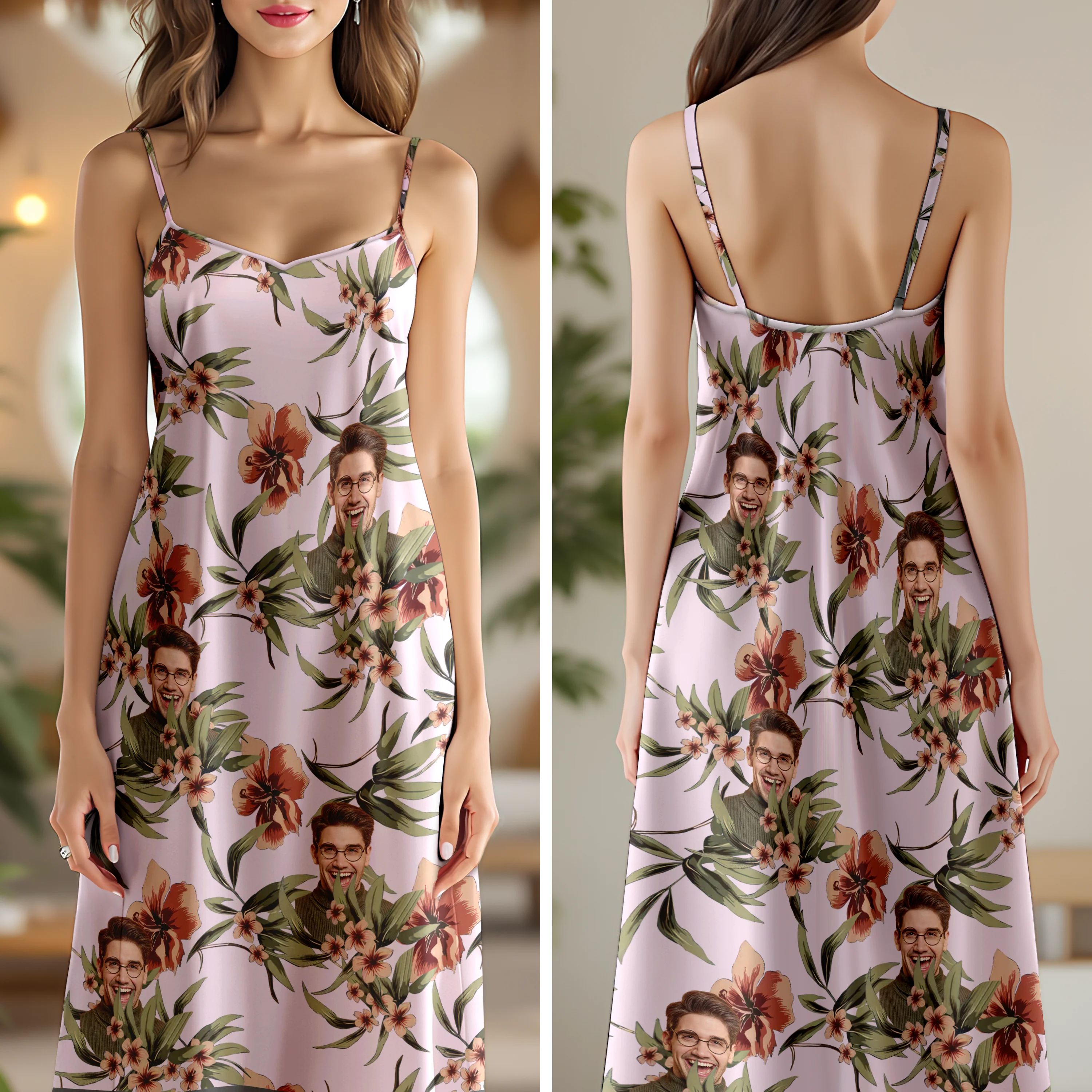 Custom Human Photo With Floral Pattern Women's V-neck Cami Maxi Dress LM32 893329 - Image 10