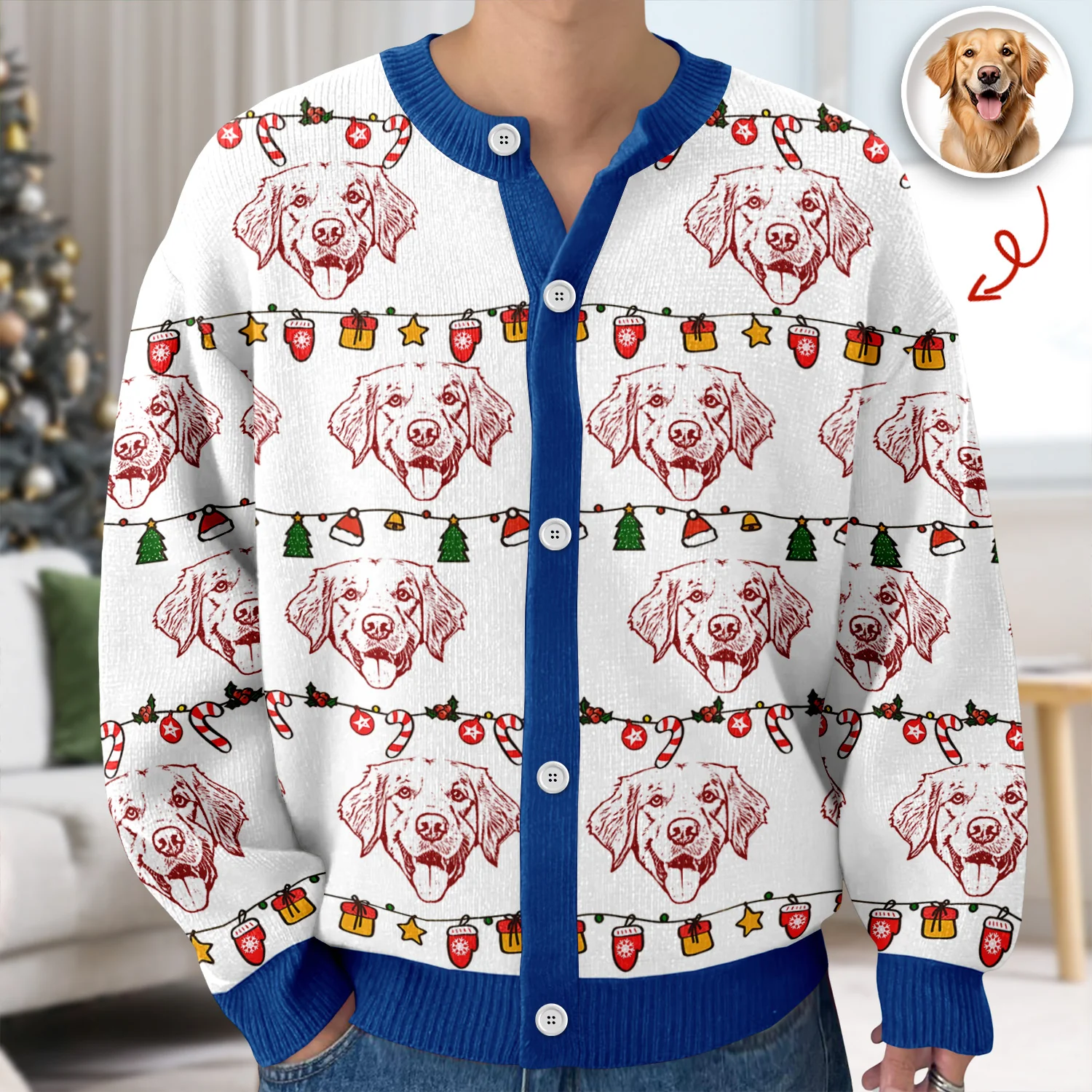 Custom Pet Photo Pencil Drawing Christmas Ugly Cardigan For Pet Lovers LM32 897133 - Image 9