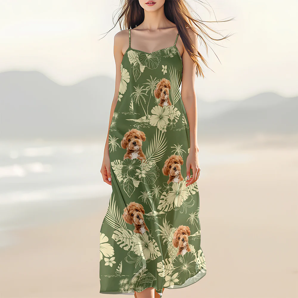 Custom Photo Aloha Hawaiian Dog Women's V-Neck Cami Maxi Dress HO82 893666 - Image 2