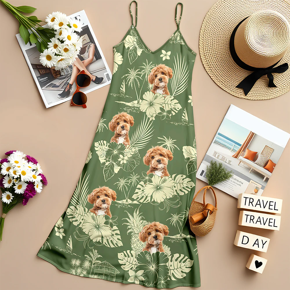 Custom Photo Aloha Hawaiian Dog Women's V-Neck Cami Maxi Dress HO82 893666 - Image 6