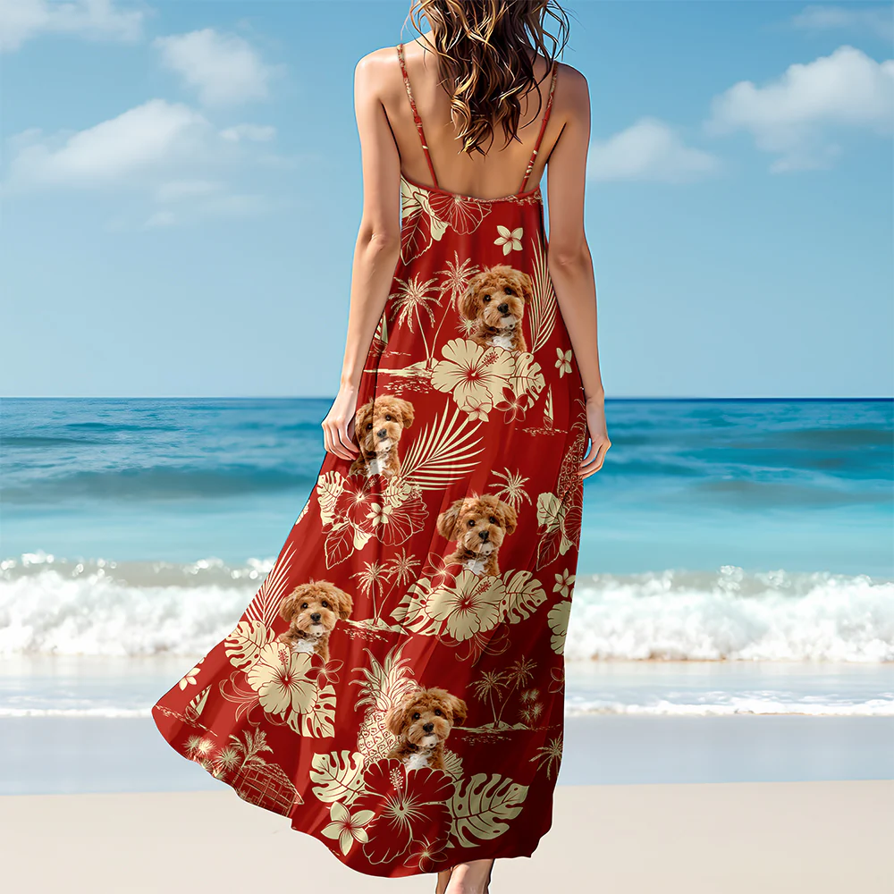 Custom Photo Aloha Hawaiian Dog Women's V-Neck Cami Maxi Dress HO82 893666 - Image 8