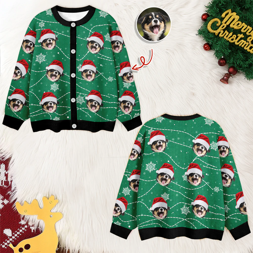 Custom Puppy Photo Personalized Dog Lovers Christmas Cardigan CH07 899896 - Image 2
