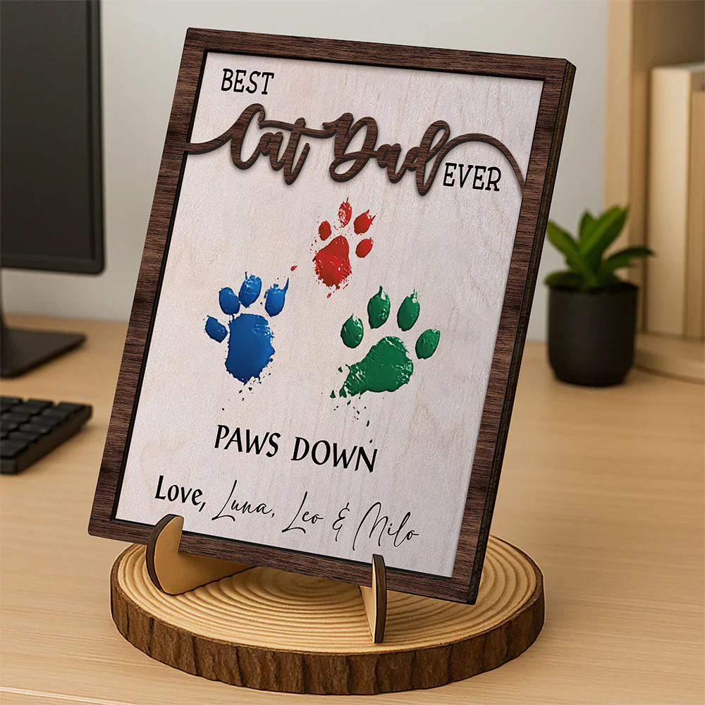 Best Cat Dad Ever Hands Down 2-Layered Wooden Plaque With Stand For Cat Lover TH10 894033 - Image 2