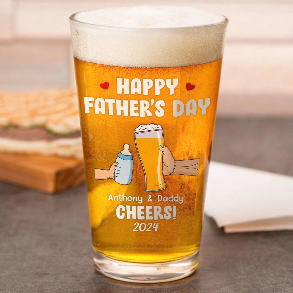 Cheers! Our First Father's Day Print Beer Glass Personalized Gift TH10 892485 - Image 2
