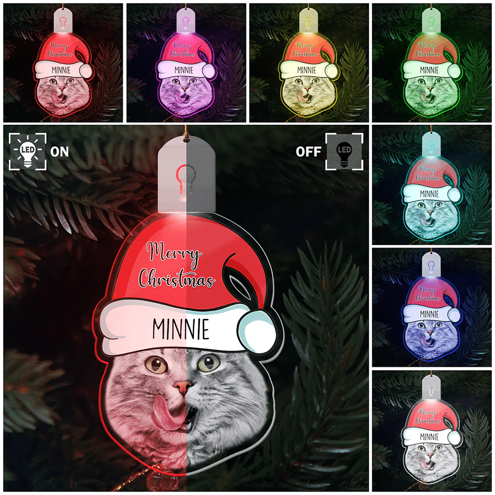 Custom Cat Face Photo With Santa Hat Christmas Acrylic LED Ornament TH10 892147 - Image 3