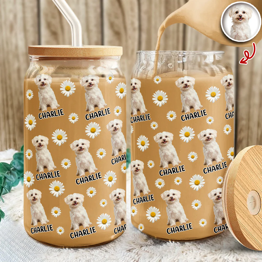 Custom Dog Photo And Name Daisy Glass Can With Lid Gift TH10 896787 - Image 2