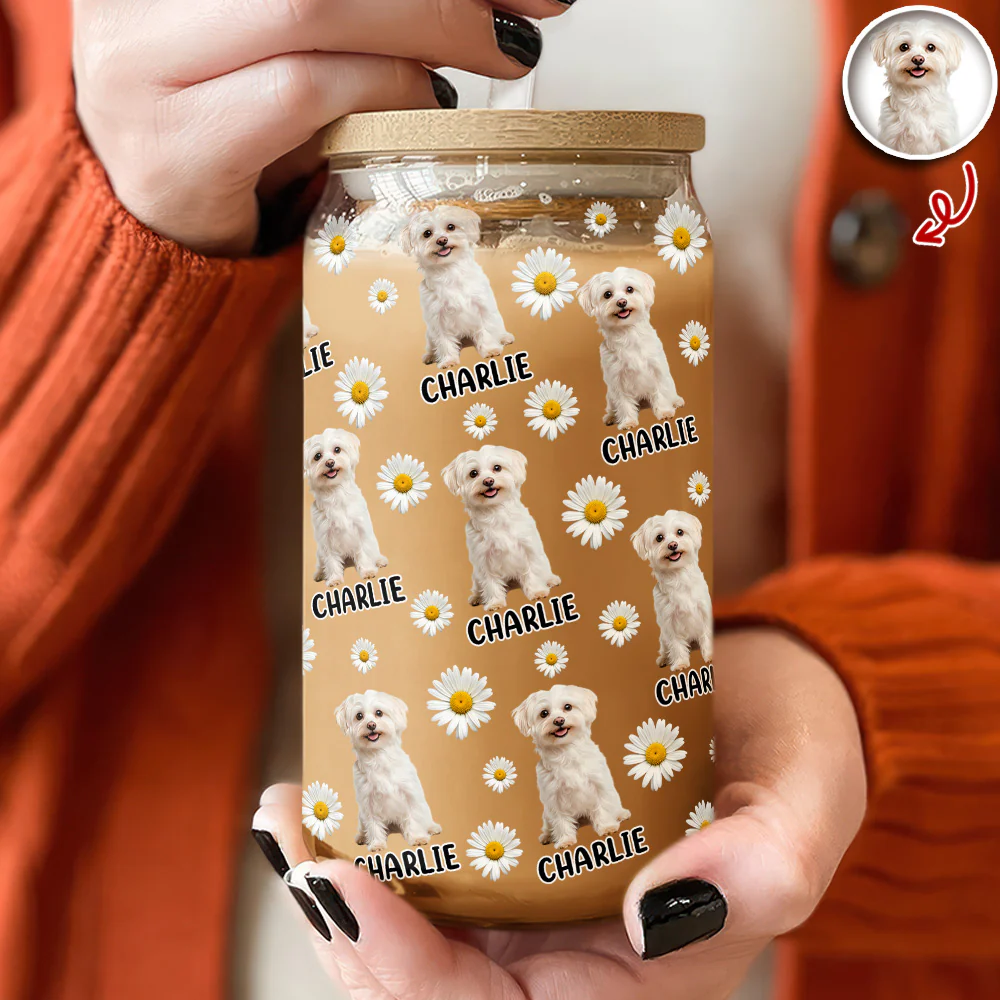 Custom Dog Photo And Name Daisy Glass Can With Lid Gift TH10 896787 - Image 3