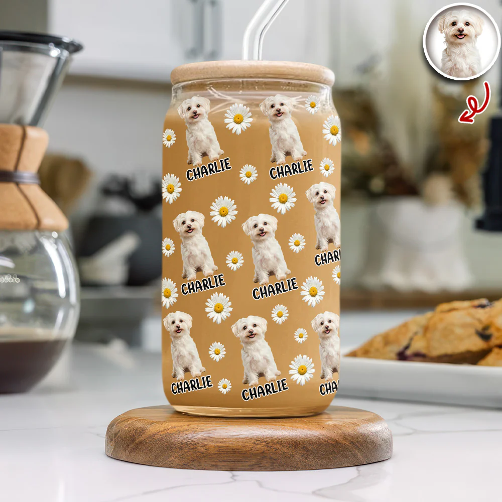 Custom Dog Photo And Name Daisy Glass Can With Lid Gift TH10 896787 - Image 4