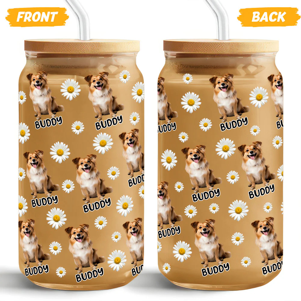 Custom Dog Photo And Name Daisy Glass Can With Lid Gift TH10 896787 - Image 5