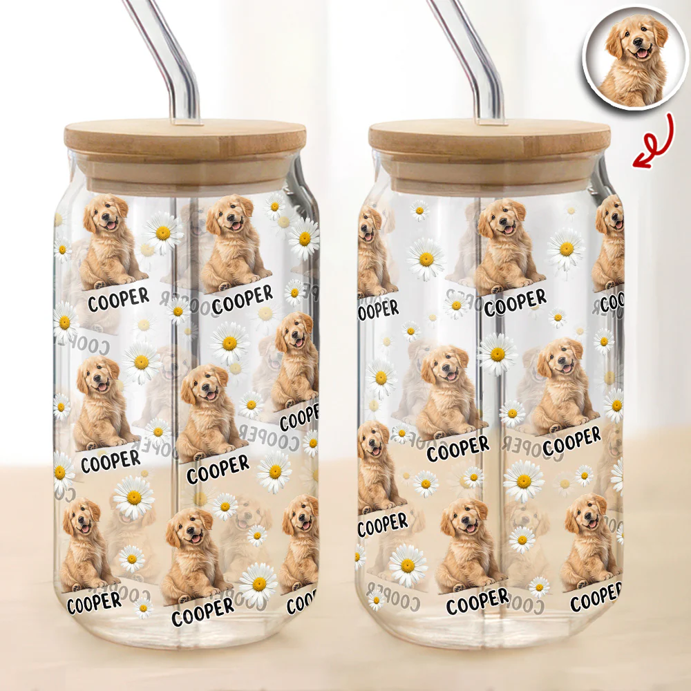 Custom Dog Photo And Name Daisy Glass Can With Lid Gift TH10 896787 - Image 9