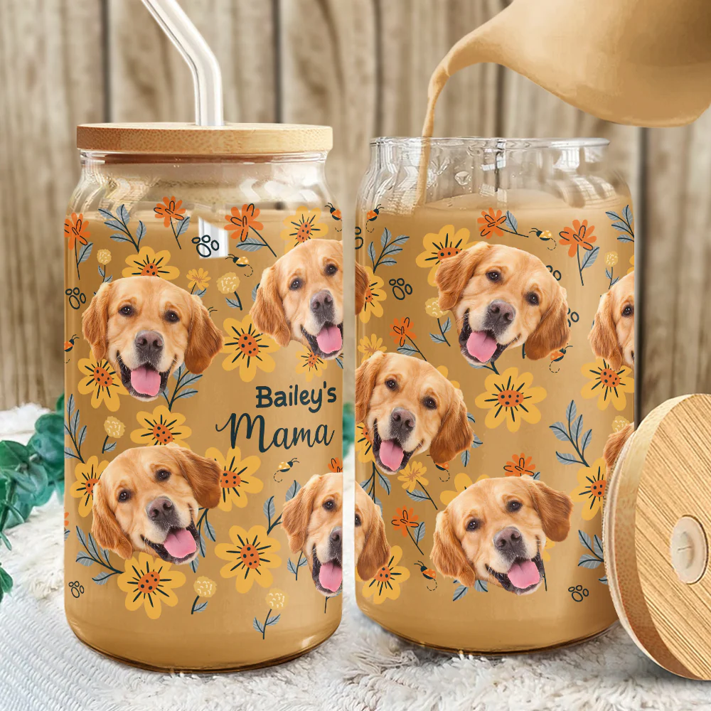 Custom Dog Photo Floral Glass Can With Lid Christmas Gift For Family TH10 896895 - Image 2