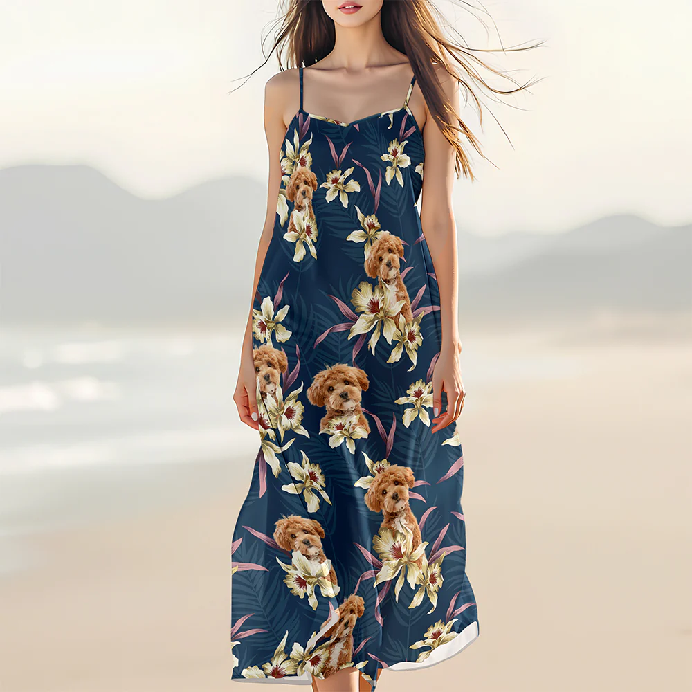 Custom Dog Photo With Lily Flowers Women's V-neck Cami Maxi Dress For Dog Lover TH10 892637