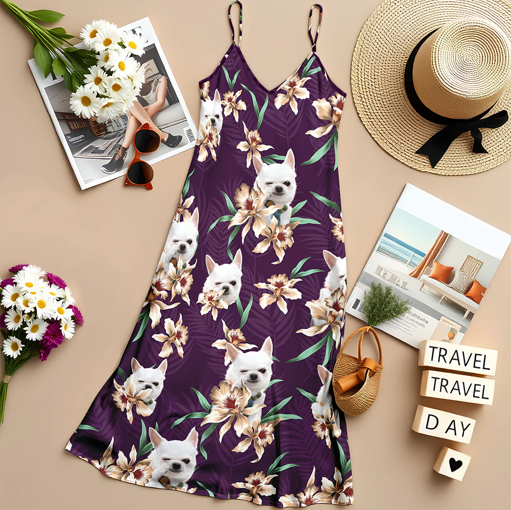 Custom Dog Photo With Lily Flowers Women's V-neck Cami Maxi Dress For Dog Lover TH10 892637 - Image 5