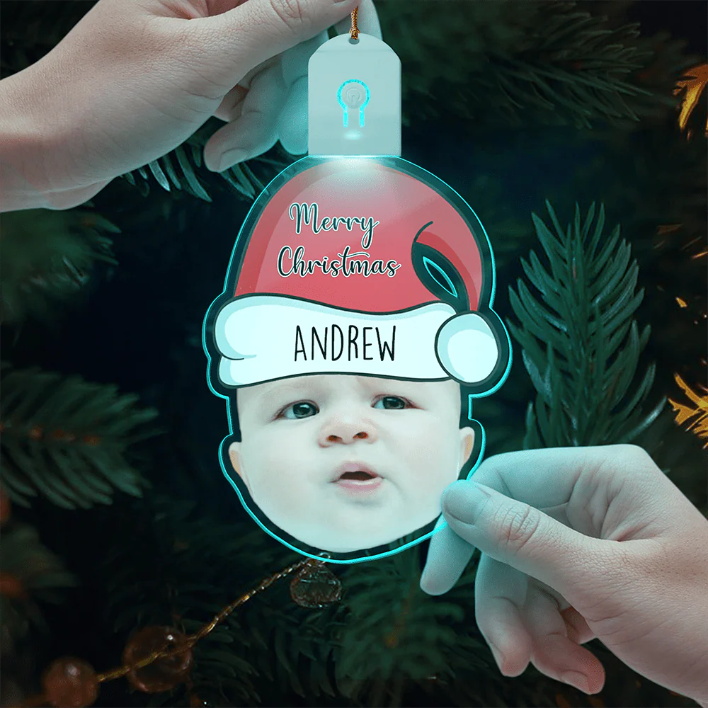 Custom Human Face Photo With Santa Hat Christmas Acrylic LED Ornament TH10 892149