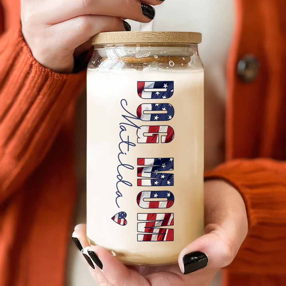 Custom Name America Dog Mom With Kid Glass Can With Lid Gift For Mom TH10 898695 - Image 3