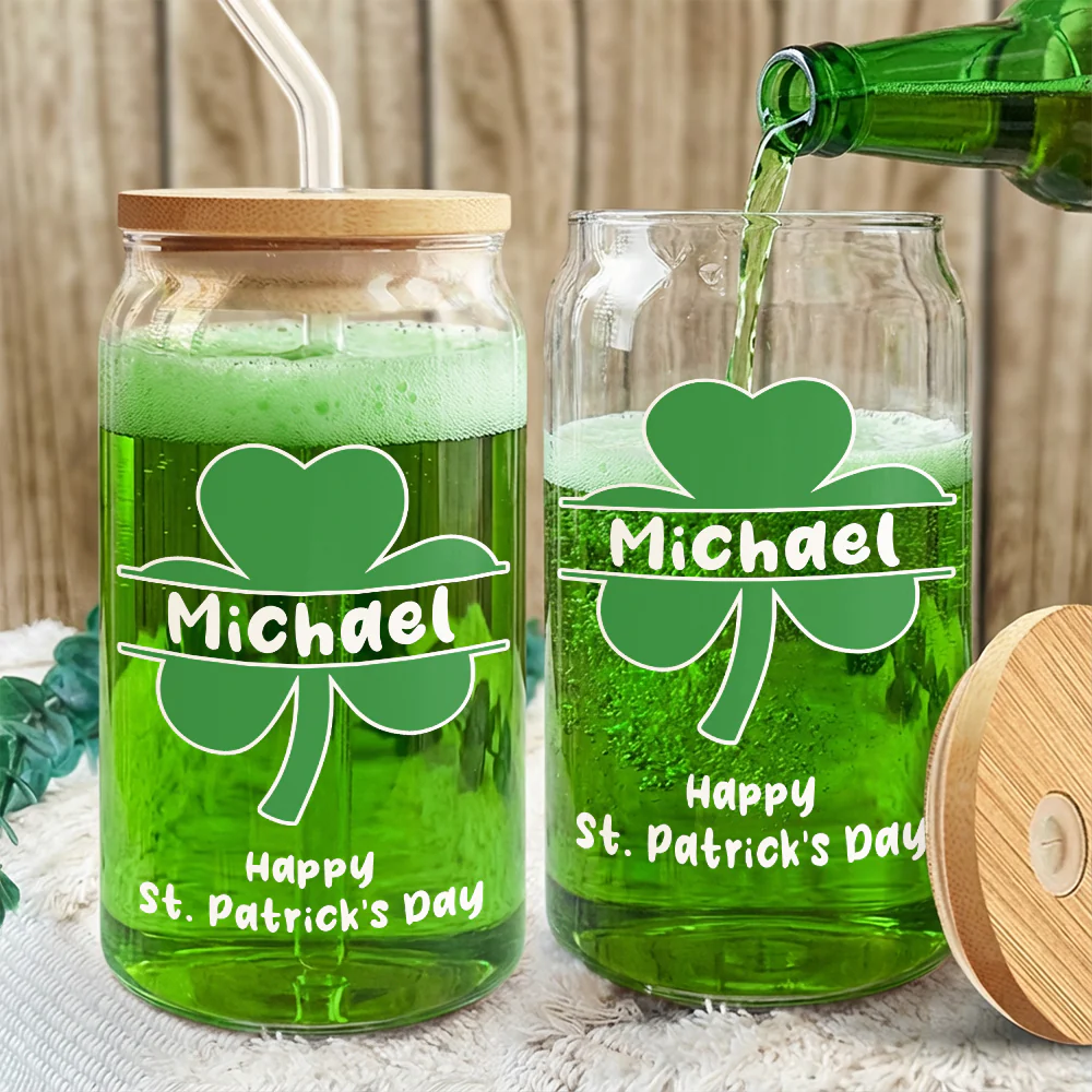 Custom Name Happy Patrick's Day Glass Can With Lid TH10 898049 - Image 2