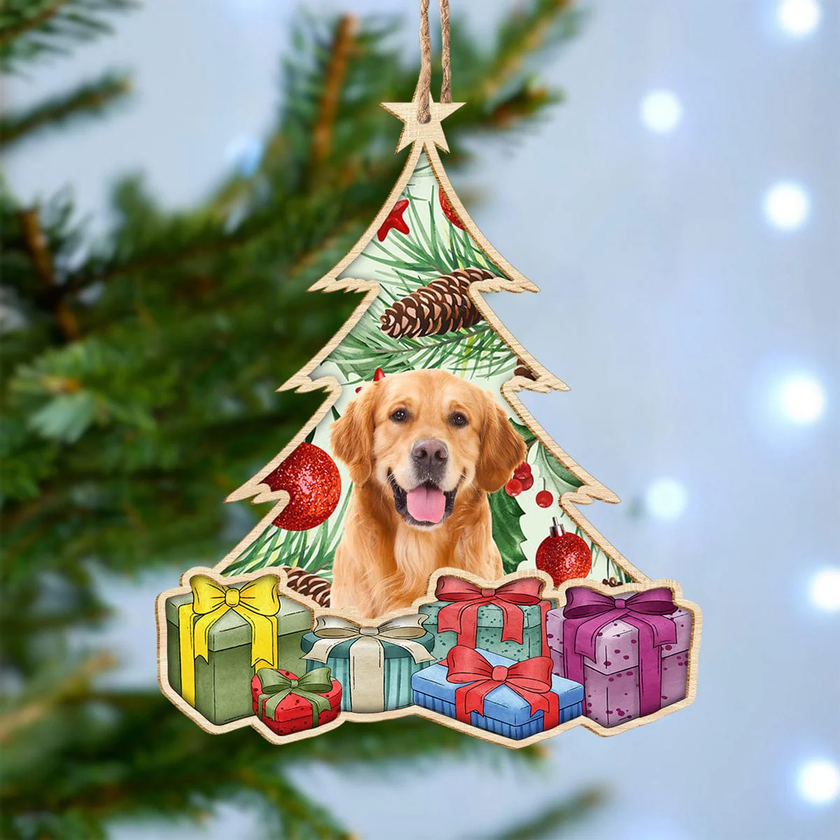 Custom Photo Dog Under Christmas Tree Wooden Ornament N304 889897
