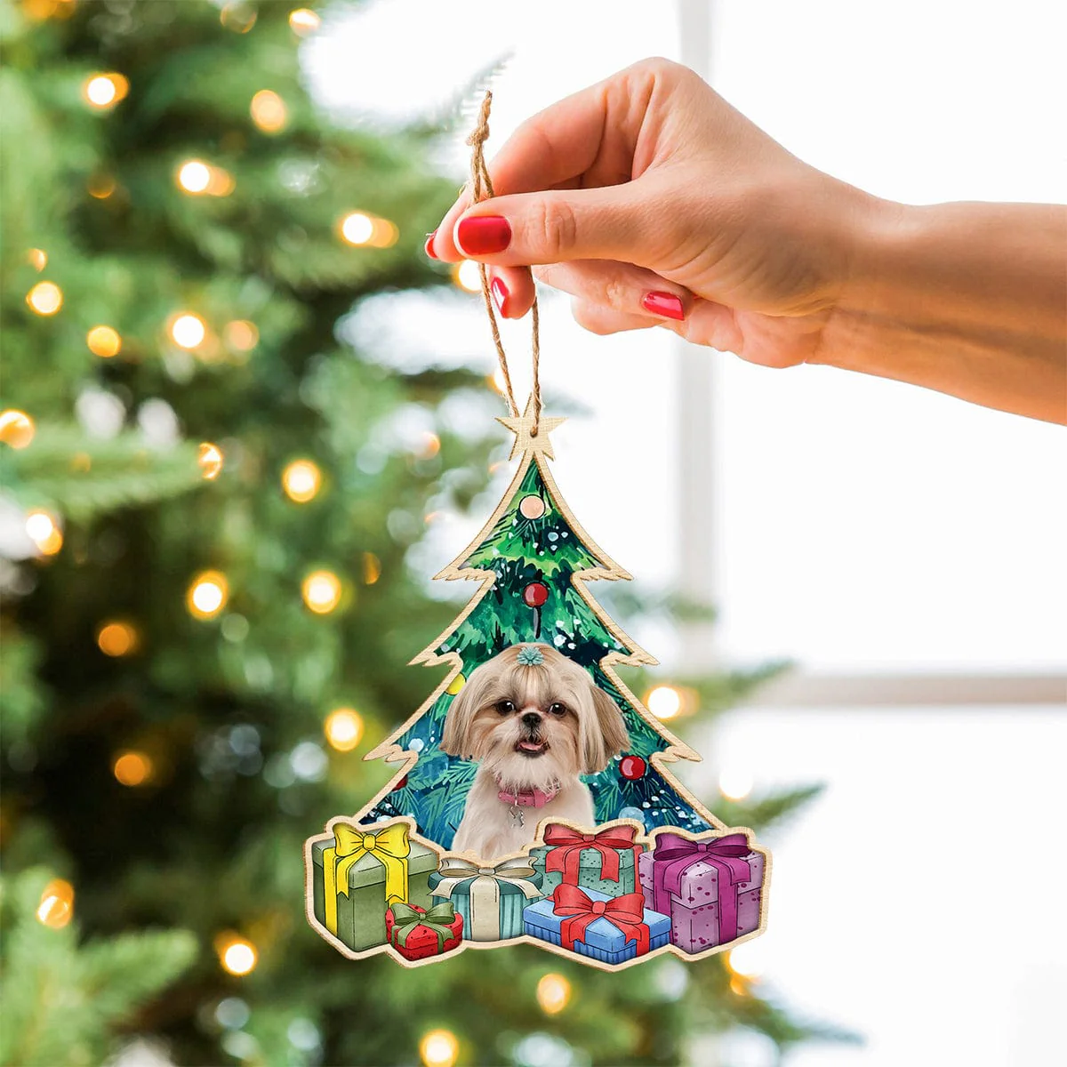 Custom Photo Dog Under Christmas Tree Wooden Ornament N304 889897 - Image 3