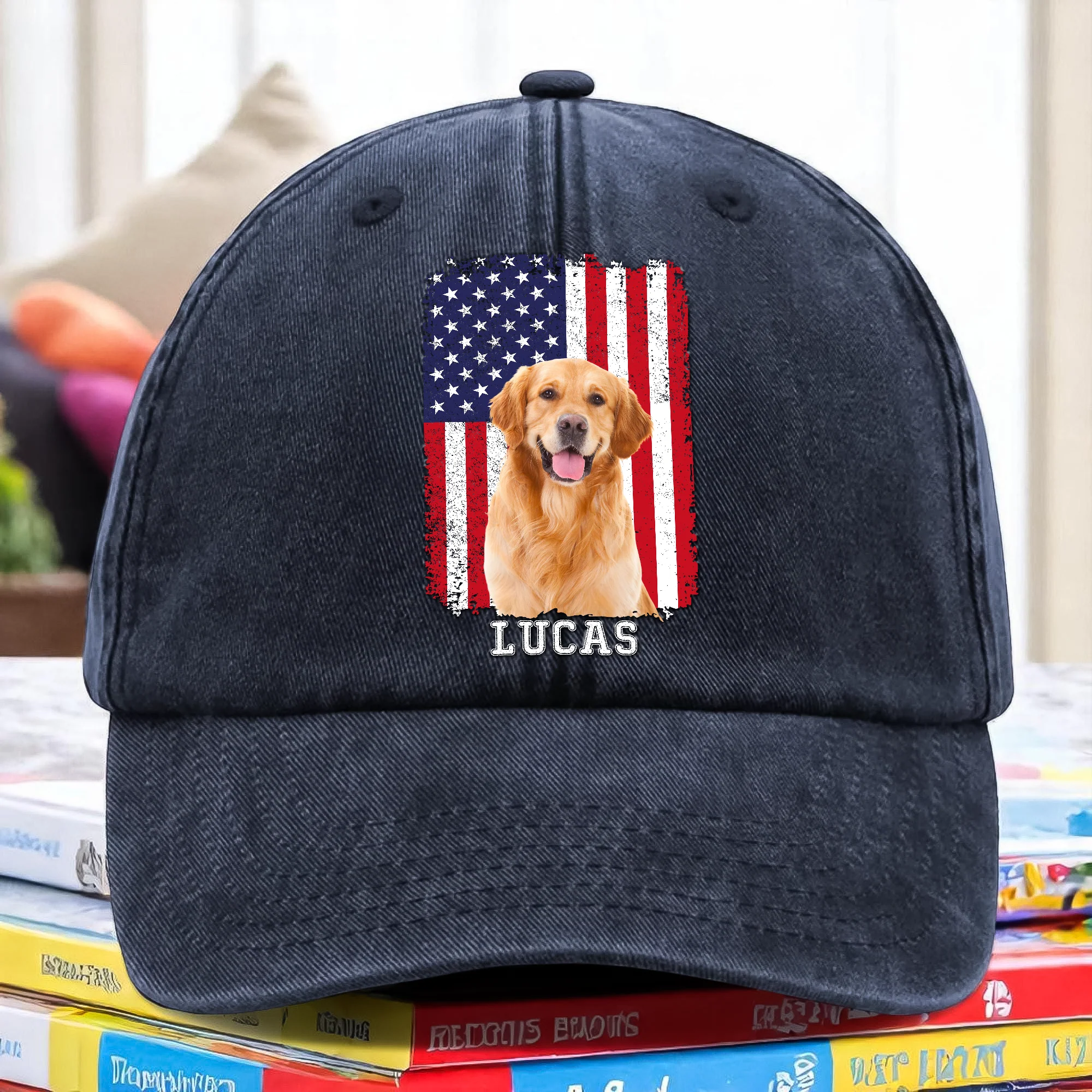 Custom Photo Dog With America Flag July 4th Washed Denim Baseball Cap TH10 894113 - Image 2