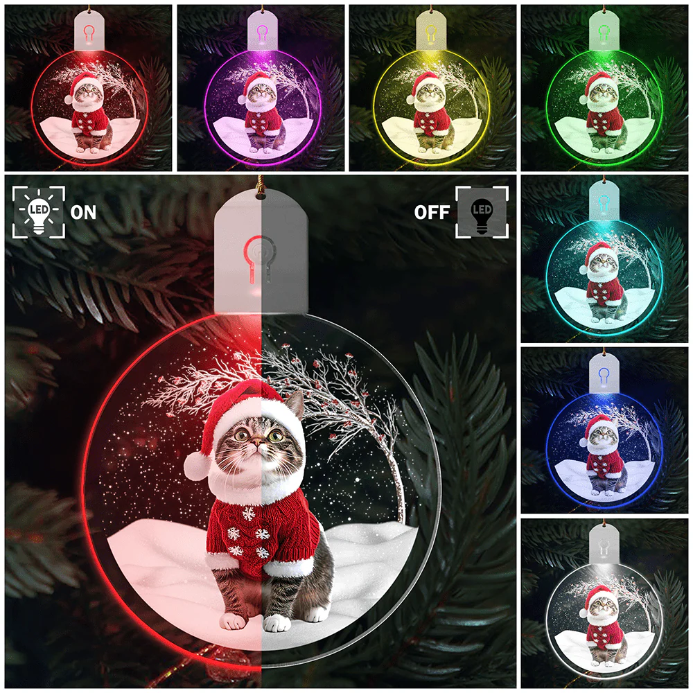 Custom Photo Under Christmas Tree For Cat Lover LED Acrylic Ornament TH10 892109