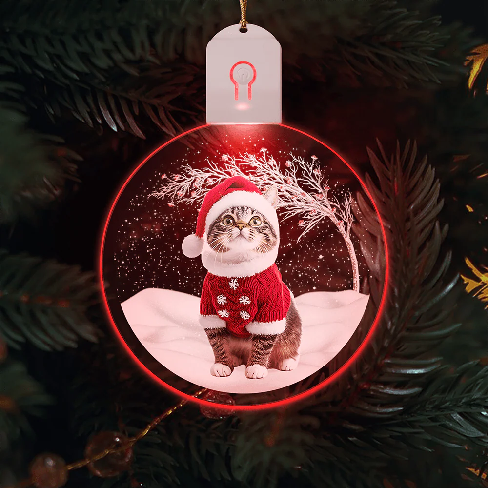 Custom Photo Under Christmas Tree For Cat Lover LED Acrylic Ornament TH10 892109 - Image 2