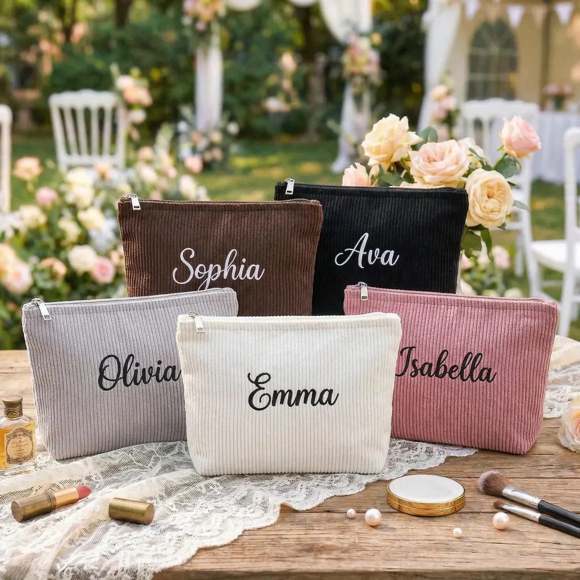 Embroidered Corduroy Cosmetic Bag, Personalized Makeup Bag TH10 170299 - Image 6
