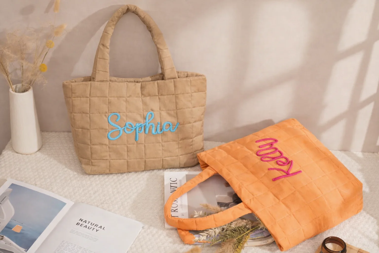 Monogrammed Shoulder Bag for Women's, Gift for Her, Beach Bag Embroidered Quilted Nylon Tote Bag TH10 169615 - Image 4