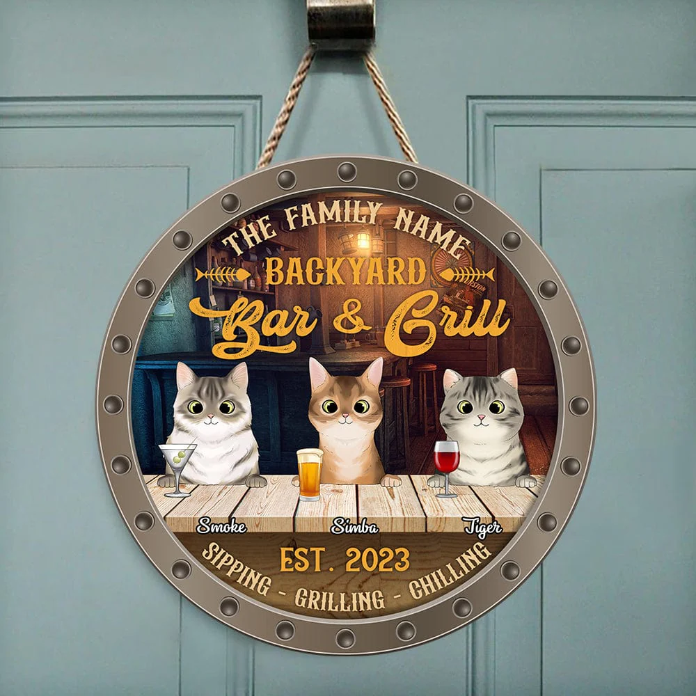 Family Cat Bar And Grill Wood Doorsign Personalized Gift N304 889801