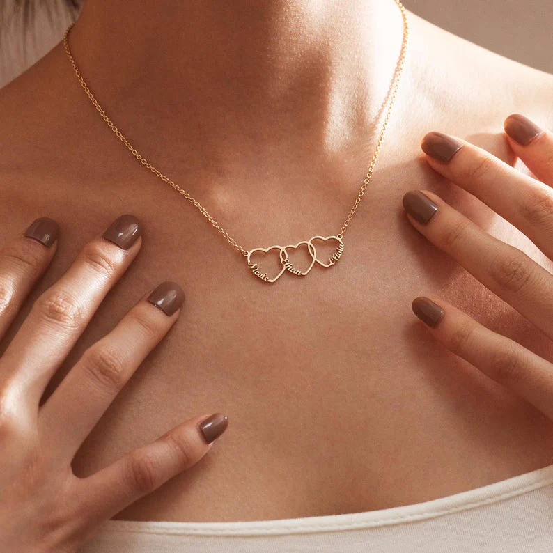 Family Name Necklace with Heart, Multiple Hearts Necklace, Kids Names Jewelry for Mom TH10 169157 - Image 2