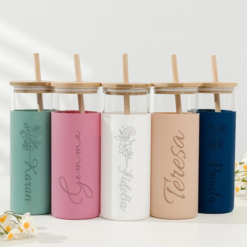 Personalized Birth Flower Name Glass Can With Lid Silicone Sleeve TH10 896881 - Image 6