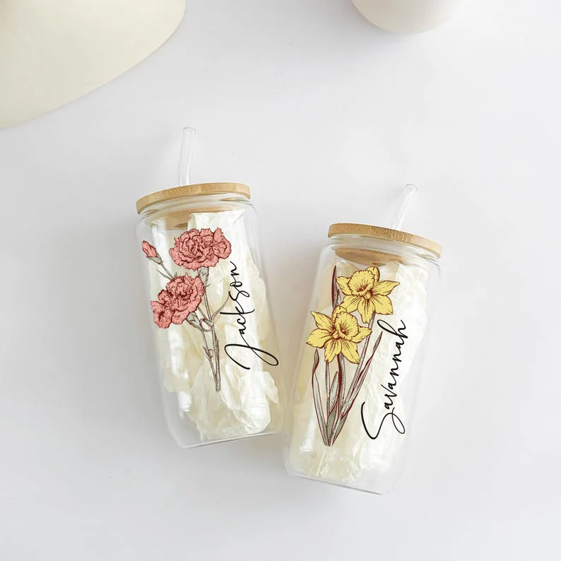 Personalized Birth Flower With Name Glass Can With Lid TH10 896879 - Image 3