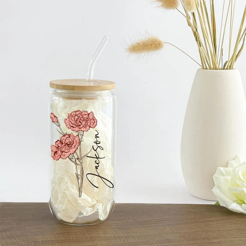 Personalized Birth Flower With Name Glass Can With Lid TH10 896879 - Image 4