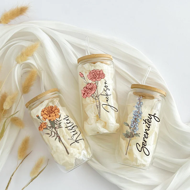 Personalized Birth Flower With Name Glass Can With Lid TH10 896879 - Image 5