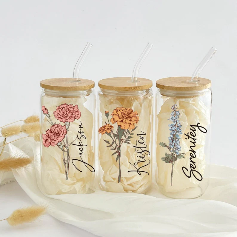 Personalized Birth Flower With Name Glass Can With Lid TH10 896879 - Image 6