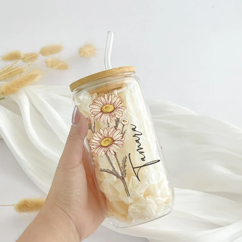 Personalized Birth Flower With Name Glass Can With Lid TH10 896879 - Image 7