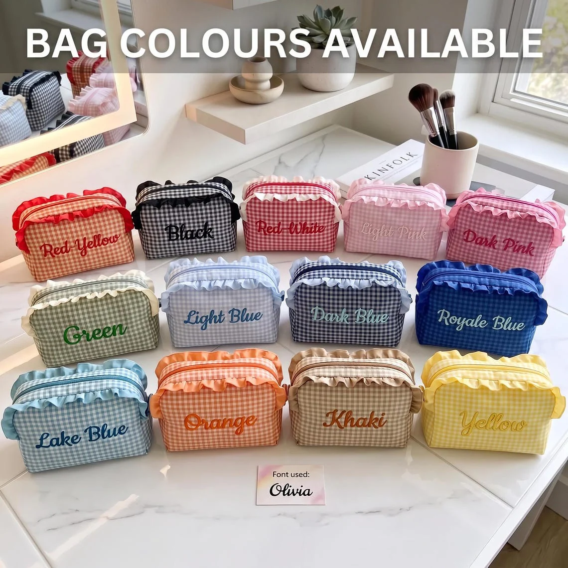 Personalized Custom Name Gingham Makeup Bag, Ruffled Cosmetic Pouch, Bridesmaid Gift TH10 170433 - Image 4