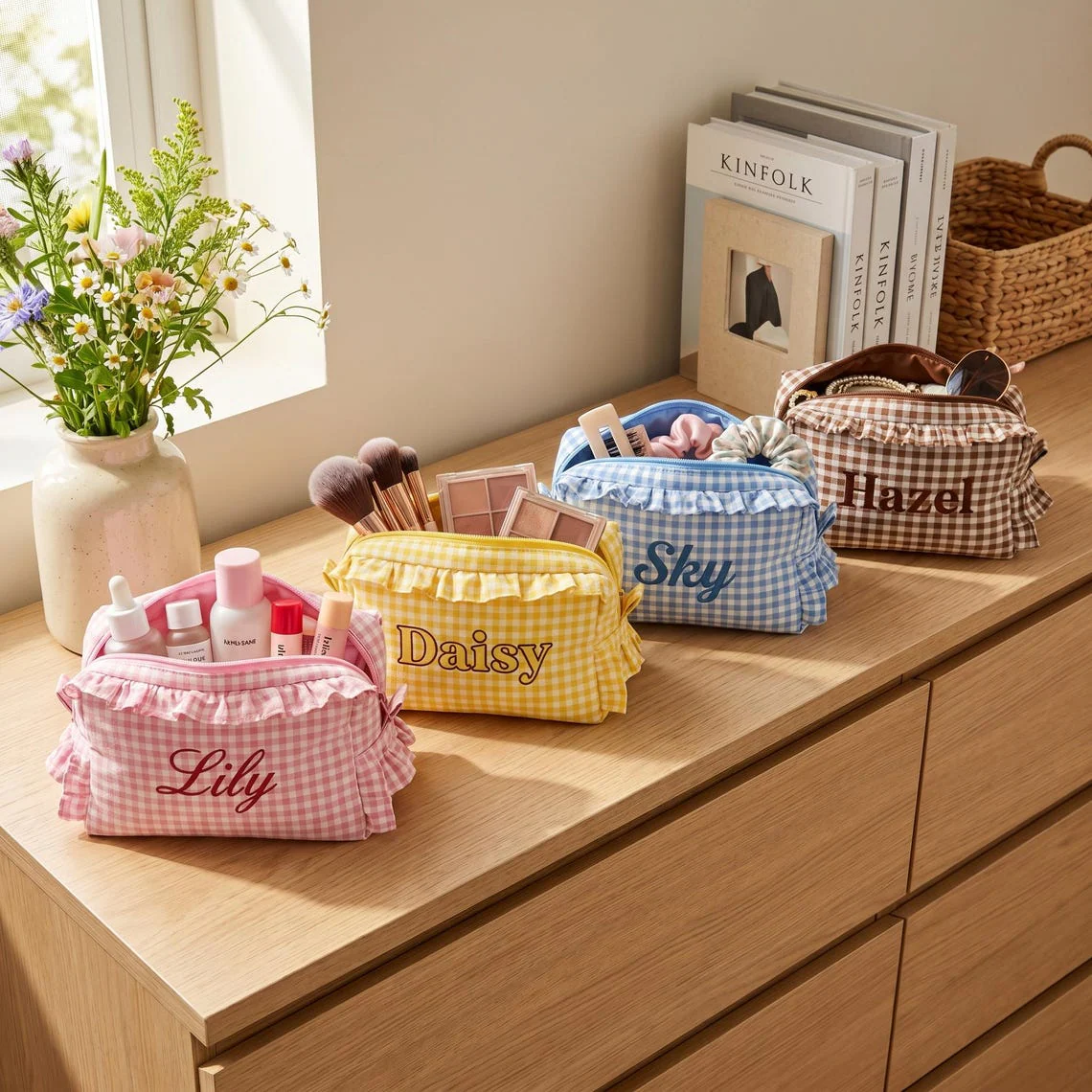 Personalized Custom Name Gingham Makeup Bag, Ruffled Cosmetic Pouch, Bridesmaid Gift TH10 170433 - Image 6