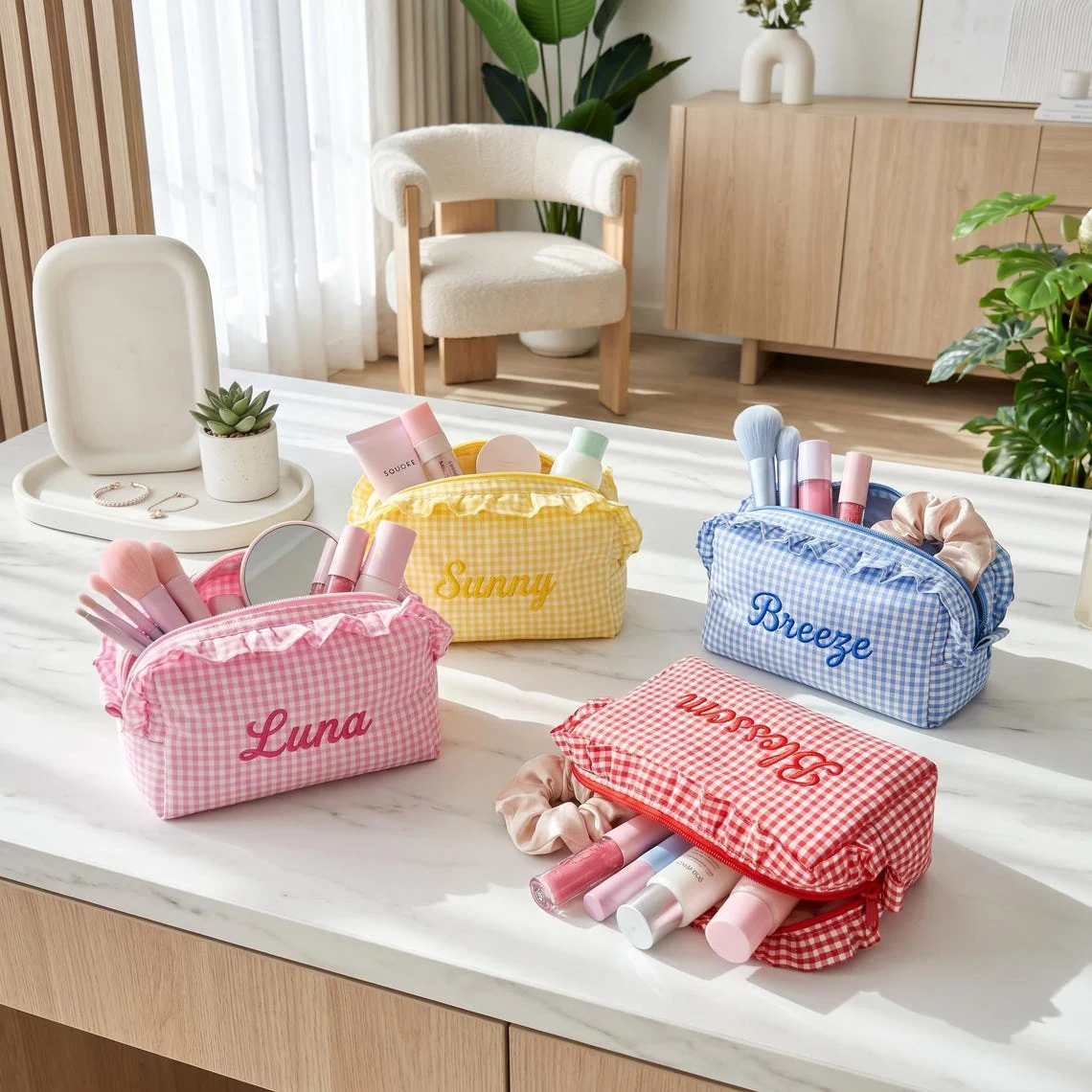 Personalized Custom Name Gingham Makeup Bag, Ruffled Cosmetic Pouch, Bridesmaid Gift TH10 170433 - Image 7