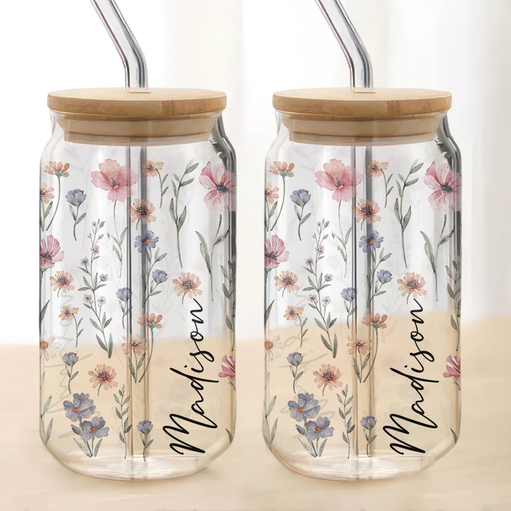 Personalized Custom Name With Floral Glass Can With Lid TH10 896859 - Image 2