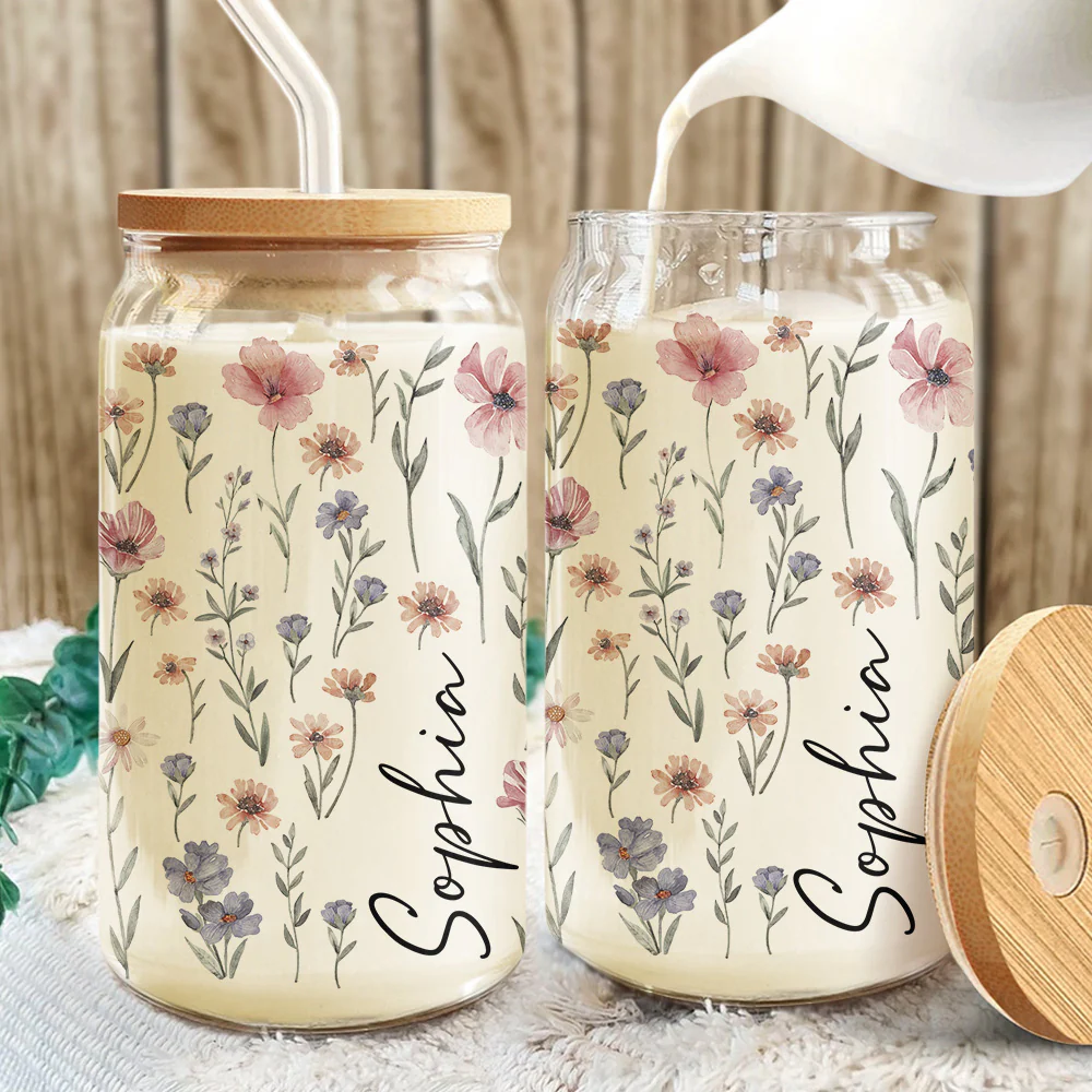 Personalized Custom Name With Floral Glass Can With Lid TH10 896859 - Image 3