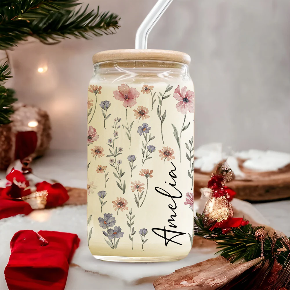 Personalized Custom Name With Floral Glass Can With Lid TH10 896859 - Image 5