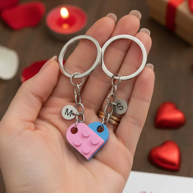 Personalized Initial Heart Keychain Set For Couple TH10 898023 - Image 2