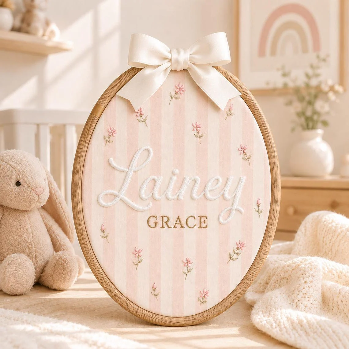 Personalized Pink Stripe Baby Name Hoop, Floral Embroidered Nursery Decor TH10 170435 - Image 7